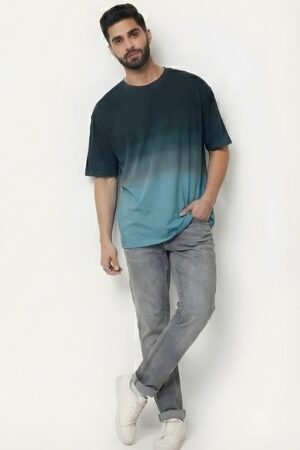 Dark Teal Mist Gradient Tie-Dye Oversized Tee